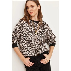 Olalook Kadın Ekru Leopar Basic Yumuşak Dokulu Salaş Sweatshirt SWT-19000457