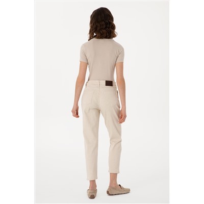 Kadın Ekru Çizgili Keten Karışımlı Carrot Fit Jean Pantolon