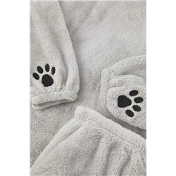 Gri Kapüşonlu ve Nakışlı Wellsoft Kışlık Örme Pijama Takımı TBBAW26AI00008