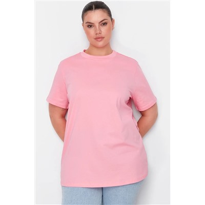 Trendyol Curve Pembe Yakası Ribanalı Boyfriend %100 Pamuk Örme T-shirt TBBSS23BF00019