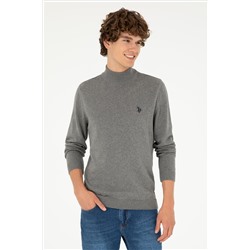 Erkek Slim Fit Yarım Boğazlı Gri Melanj Basic Kazak