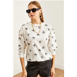 Olalook Kadın Varak Beyaz Basic Yumuşak Dokulu Salaş Sweatshirt SWT-19000457