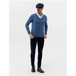 İndigo Melanj Slim Fit V Yaka Basic Triko Kazak