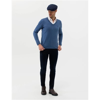 İndigo Melanj Slim Fit V Yaka Basic Triko Kazak