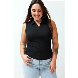 Siyah Fitted/Vücuda Oturan Polo Yaka Esnek Örme Büyük Beden Bluz TBBSS24AF00065