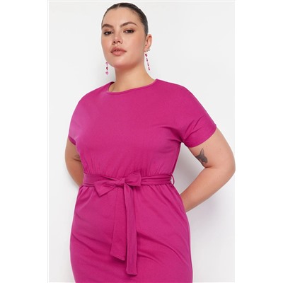 Fuşya Kuşaklı Bisiklet Yaka %100 Pamuk Örme Elbise TBBSS22AH0242