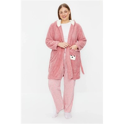 Pudra Wellsoft/Peluş Hayvan Figürlü Cepli Kapüşonlu Örme Sabahlık TBBAW24SB00013