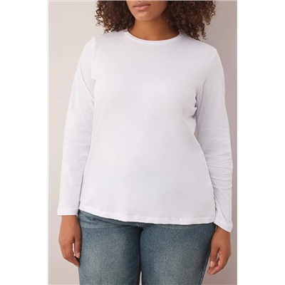 Beyaz %100 Pamuk Uzun Kollu Bisiklet Yaka Regular Basic Örme Büyük Beden T-Shirt TBBAW26BF00000