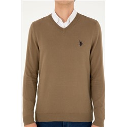 Erkek Slim Fit V Yaka Haki Basic Kazak