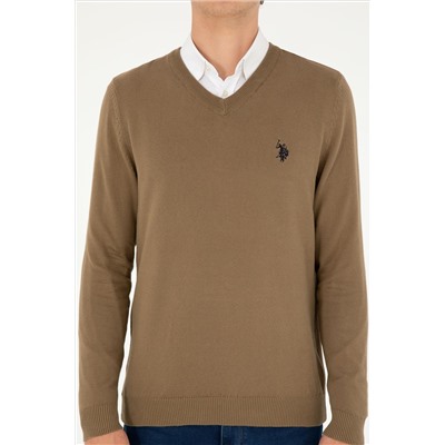 Erkek Slim Fit V Yaka Haki Basic Kazak