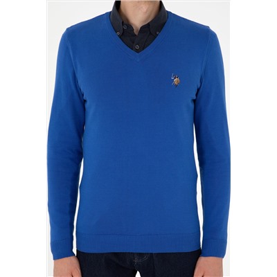 Erkek Slim Fit V Yaka Saks Basic Kazak