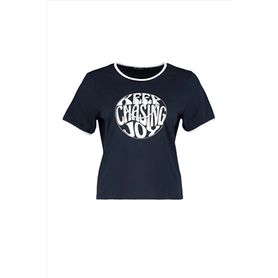 Lacivert Slogan Baskılı Crop Boy %100 Pamuk Örme Büyük Beden T-shirt TBBSS23BF00011