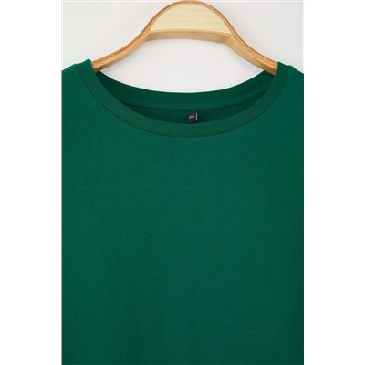 Zümrüt Yeşili Bisiklet Yaka Kolları Fırfırlı %100 Pamuk Örme T-Shirt TBBSS23BF00006