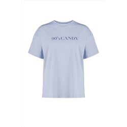 Mavi Geniş Kalıp Baskılı Bisiklet Yaka %100 Pamuk Örme T-shirt TBBSS23BF00015