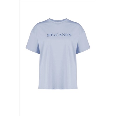 Mavi Geniş Kalıp Baskılı Bisiklet Yaka %100 Pamuk Örme T-shirt TBBSS23BF00015