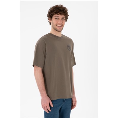 Erkek Oversize Fit Bisiklet Yaka Vizon Tişört