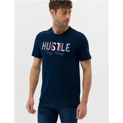 Lacivert Slim Fit Baskılı Bisiklet Yaka Tişört