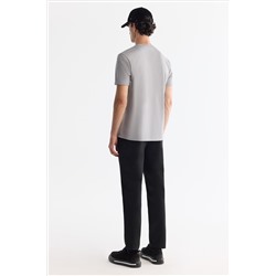 Gri Bisiklet Yaka Baskılı Elastan T-Shirt