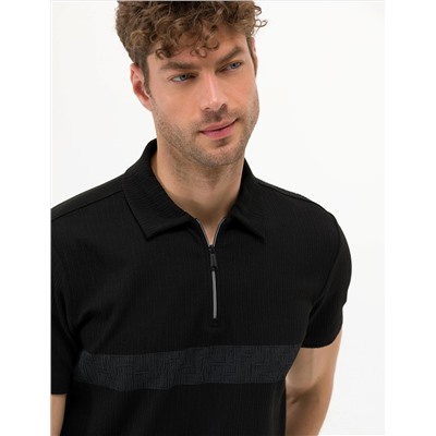 Siyah Slim Fit Göğüs Baskılı Tişört