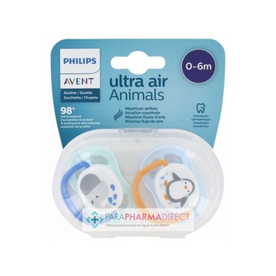 Avent Sucettes Ultra Air Animals 0-6 mois Éléphant & Pingouin x2