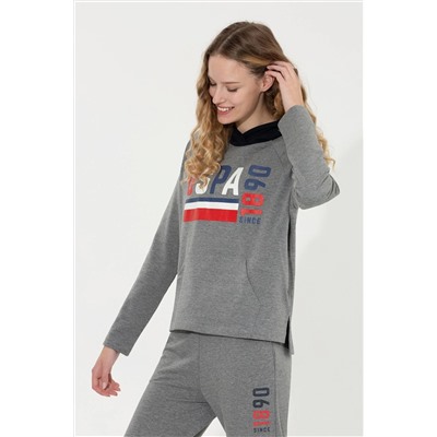 Kadın Gri  Melanj Kapüşonlu Sweatshirt