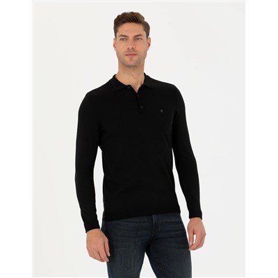 Siyah Slim Fit Polo Yaka Basic Triko Kazak