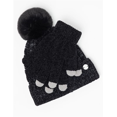 LADIES POM POM FLEECE BEANIE AND GLOVE SET