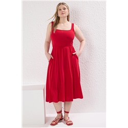 Trendyol Curve Kırmızı Kare Yaka A-line Örme Büyük Beden Elbise TBBSS25AH00063