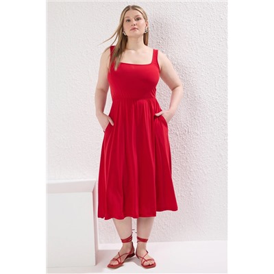 Trendyol Curve Kırmızı Kare Yaka A-line Örme Büyük Beden Elbise TBBSS25AH00063