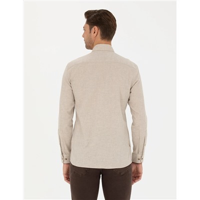 Bej Slim Fit Uzun Kollu Gömlek
