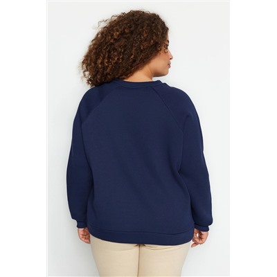 Lacivert Kalın İçi Polarlı Nakış Detaylı Örme Büyük Beden Sweatshirt TBBAW24AO00021