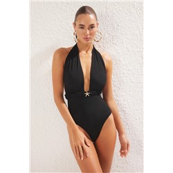 TRENDYOLMİLLA Siyah Derin V Yaka Yıldız Aksesuarlı Premium Regular Mayo TBESS25MA00048