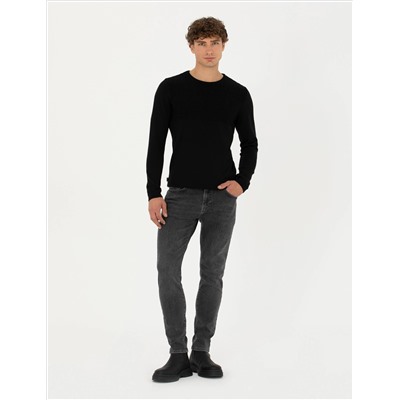 Siyah Slim Fit Bisiklet Yaka Triko Kazak