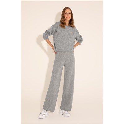 Kadın Gri Melanj Loose Fit Triko Pantolon