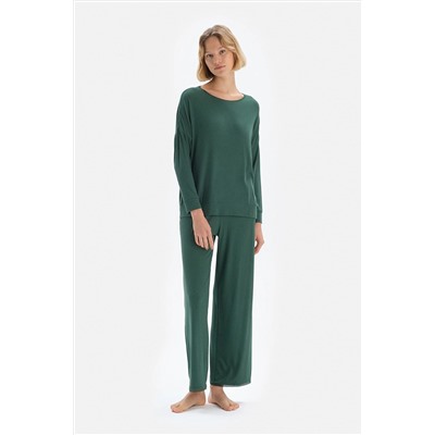 Dagi Yeşil Kayık Yaka Kaşkorse Pijama Takım 22WW17293BD_YES