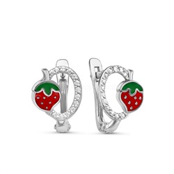 Серьги детские из родированного серебра с эмалью и фианитами - Клубнички 925 пробы 2313005
