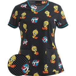 Cherokee Tooniforms Scrubs Dot's A Lotta Tweety Print Top
