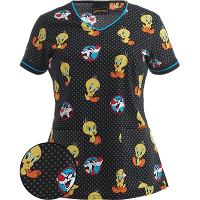 Cherokee Tooniforms Scrubs Dot's A Lotta Tweety Print Top