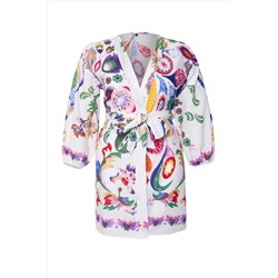 Çok Renkli Çiçek Desenli Kuşaklı Mini Dokuma Balon Kollu %100 Pamuklu Kimono&Kaftan TBBSS25DE00001