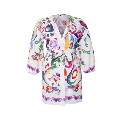 Çok Renkli Çiçek Desenli Kuşaklı Mini Dokuma Balon Kollu %100 Pamuklu Kimono&Kaftan TBBSS25DE00001