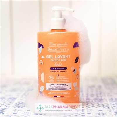 BeauTerra Bébé - Gel Lavant Certifié BIO - Non Parfumé - Corps & Cheveux 750 mL