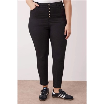 Siyah Yüksek Bel Önü Düğmeli Solmayan Siyah Büyük Beden Skinny Jeans TBBAW26CJ00042