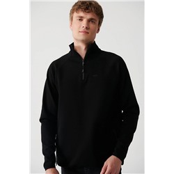 Avva Erkek Siyah İnterlok Kumaş Yarım Fermuarlı Yaka Reglan Kol Sweatshirt A32Y1201