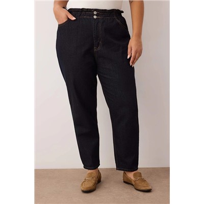 Koyu Mavi Yüksek Bel Beli Lastikli Büyük Beden Mom Jeans TBBAW23JE00002