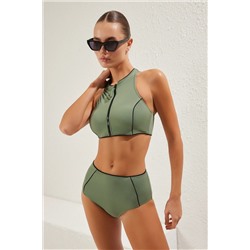 TRENDYOLMİLLA Haki Halter Yaka Fermuarlı Regular Bikini Takımı TBESS25BT00090