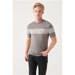 Avva, Erkek Gri Bisiklet Yaka Göğsü Ve Kolu Çizgi Detaylı Triko T-shirt A31y5116