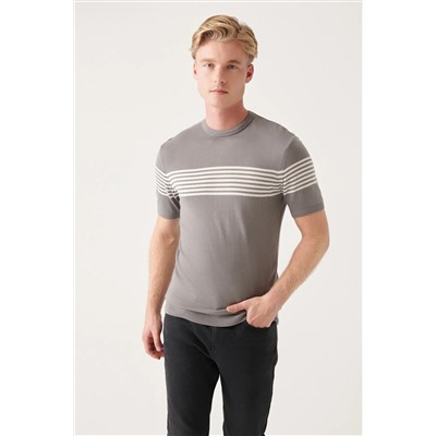 Avva, Erkek Gri Bisiklet Yaka Göğsü Ve Kolu Çizgi Detaylı Triko T-shirt A31y5116