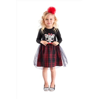 Denokids, Siyah Kokoş Kedicik Ekose Kız Çocuk Tüllü Tütü Kabarık Abiye Elbise