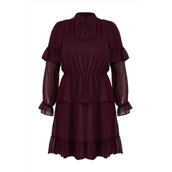 Bordo Şifon Lastik Belli Volanlı Mini Dokuma Büyük Beden Elbise TBBAW26AH00003