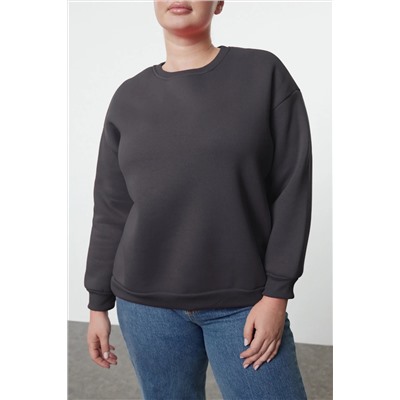 Antrasit Oversize/Bol Kesim Basic Bisiklet Yaka Kalın/İçi polarlı Örme Sweatshirt TBBAW25AO00008